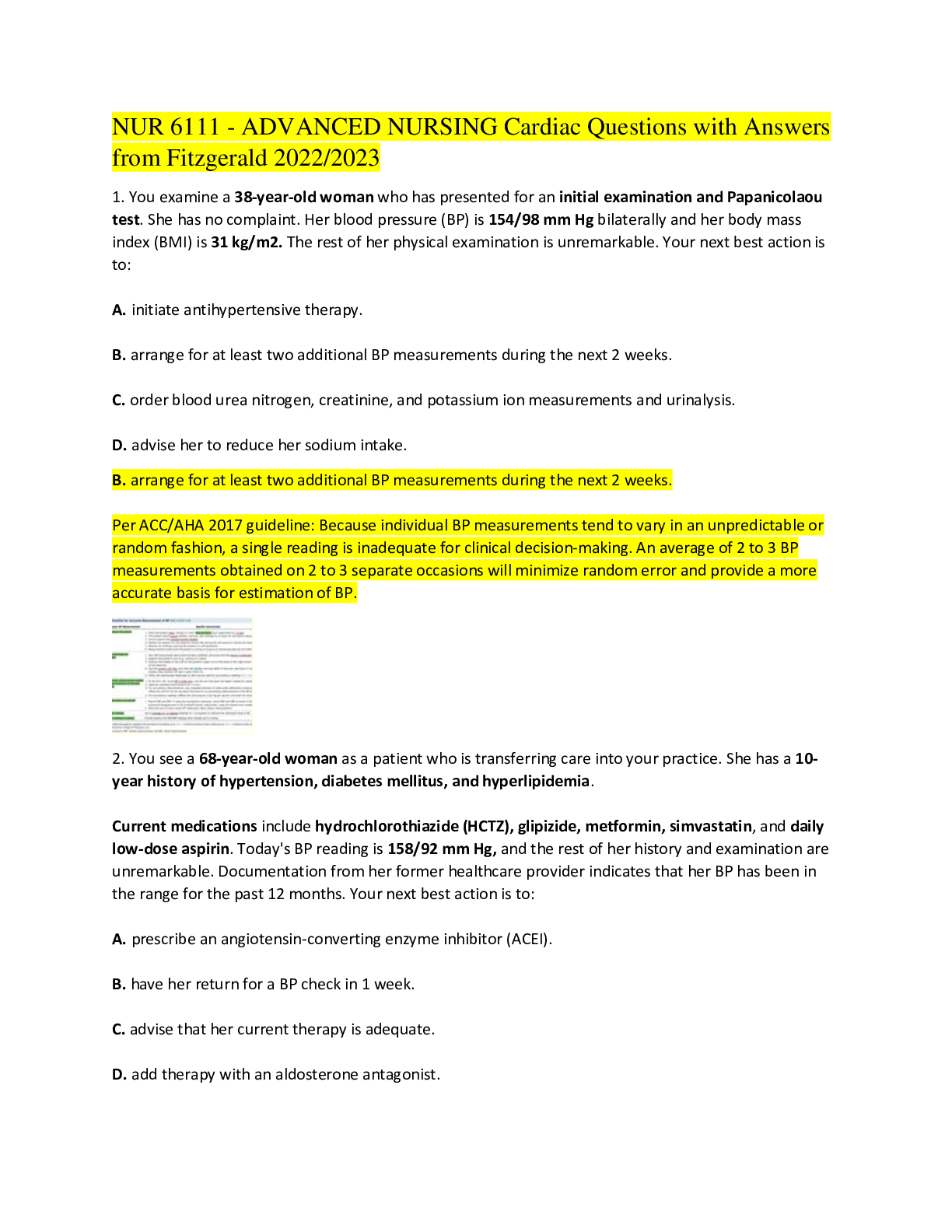 Preview image for NUR 6111 - ADVANCED NURSING Cardiac Questions with Answers from Fitzgerald